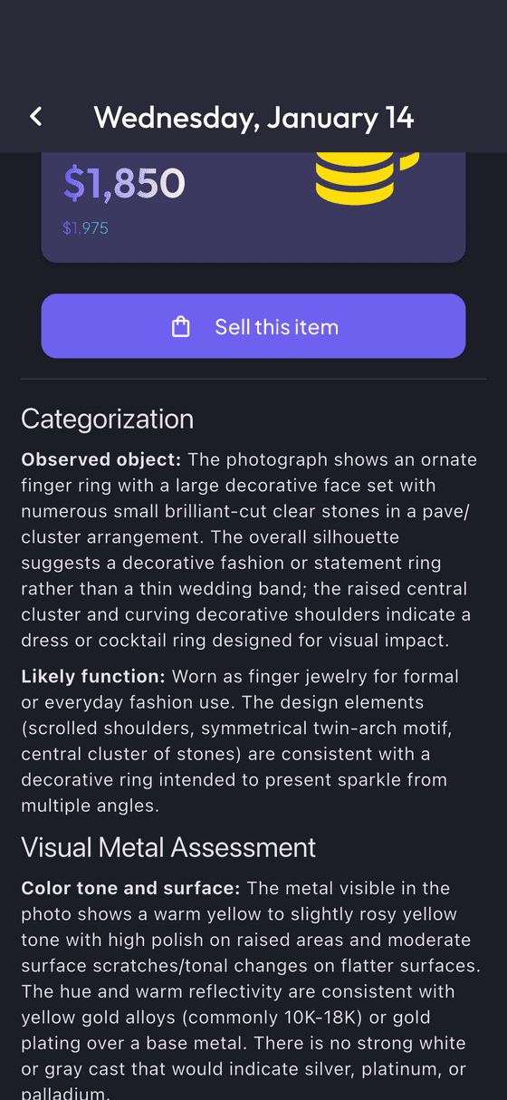 An IsItGOLD? scan result estimating a gold ring at $1,850, with a button to list it for sale